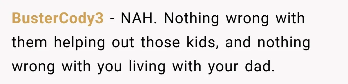 BusterCody3 − NAH. Nothing wrong with them helping out those kids, and nothing wrong with you living with your dad.
