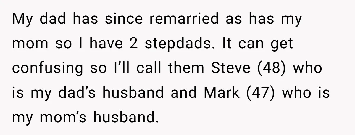My dad has since remarried as has my mom so I have 2 stepdads. It can get confusing so I’ll call them Steve (48) who is my dad’s husband and...