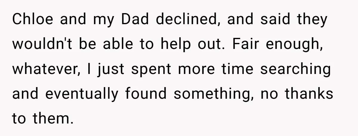 Chloe and my Dad declined, and said they wouldn't be able to help out. Fair enough, whatever, I just spent more time searching and eventually found something, no thanks to...