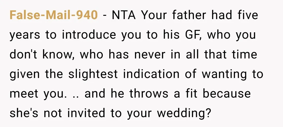 False-Mail-940 − NTA Your father had five years to introduce you to his GF, who you don't know, who has never in all that time given the slightest indication of...