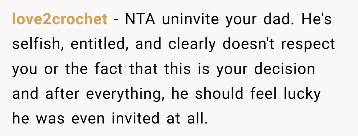 love2crochet − NTA uninvite your dad. He's selfish, entitled, and clearly doesn't respect you or the fact that this is your decision and after everything, he should feel lucky he...