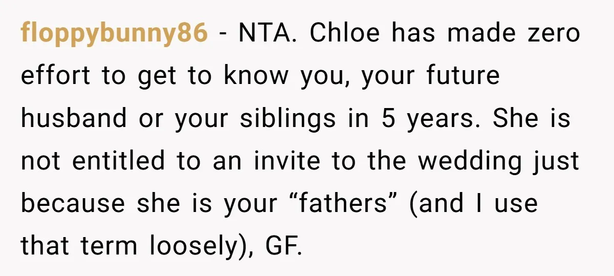 floppybunny86 − NTA. Chloe has made zero effort to get to know you, your future husband or your siblings in 5 years. She is not entitled to an invite to...