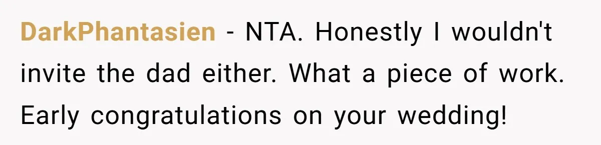 DarkPhantasien − NTA. Honestly I wouldn't invite the dad either. What a piece of work. Early congratulations on your wedding!