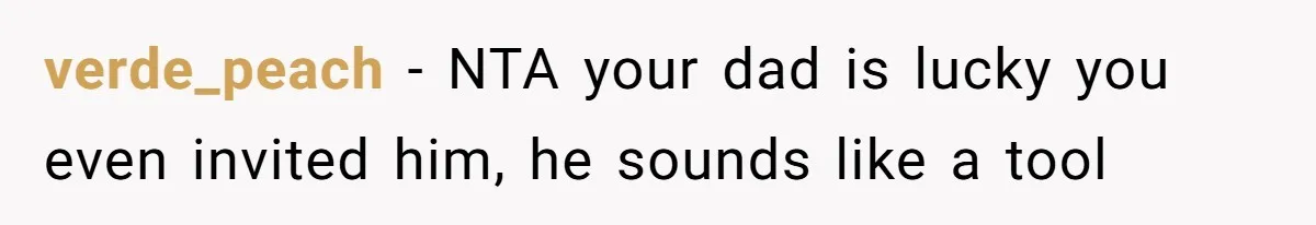 verde_peach − NTA your dad is lucky you even invited him, he sounds like a tool