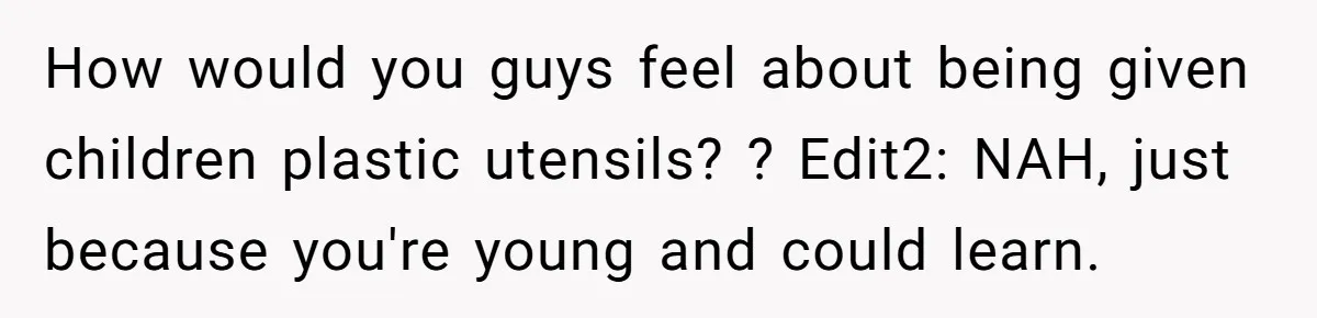 How would you guys feel about being given children plastic utensils? ? Edit2: NAH, just because you're young and could learn.
