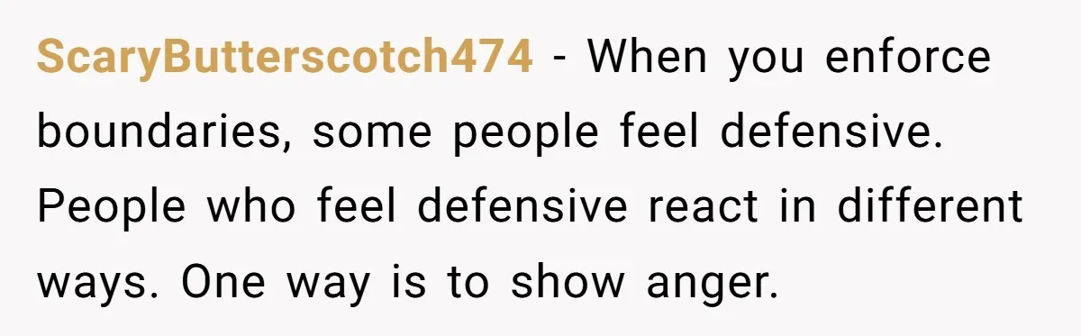 ScaryButterscotch474 − When you enforce boundaries, some people feel defensive. People who feel defensive react in different ways. One way is to show anger.