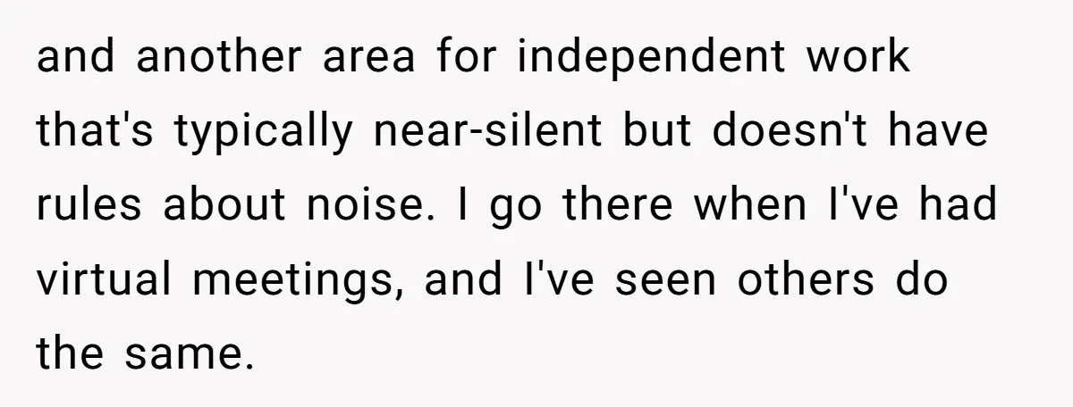and another area for independent work that's typically near-silent but doesn't have rules about noise. I go there when I've had virtual meetings, and I've seen others do the same.