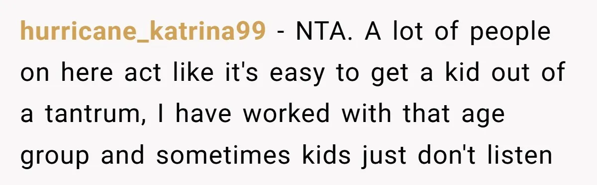 hurricane_katrina99 − NTA. A lot of people on here act like it's easy to get a kid out of a tantrum, I have worked with that age group and sometimes...