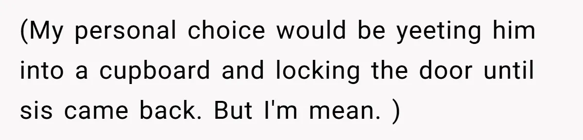 (My personal choice would be yeeting him into a cupboard and locking the door until sis came back. But I'm mean. )