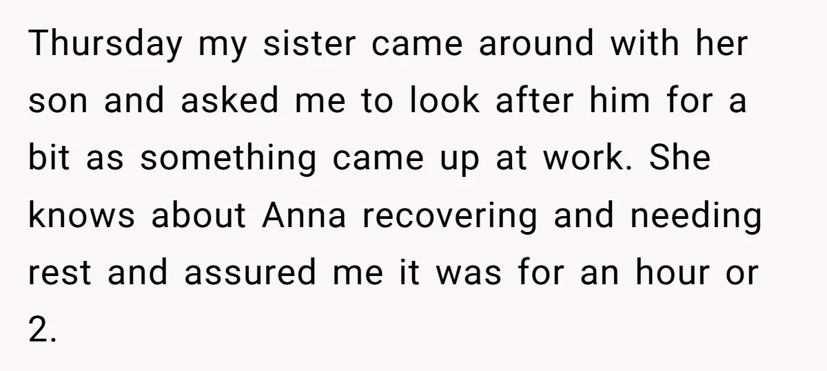 Thursday my sister came around with her son and asked me to look after him for a bit as something came up at work. She knows about Anna recovering and...