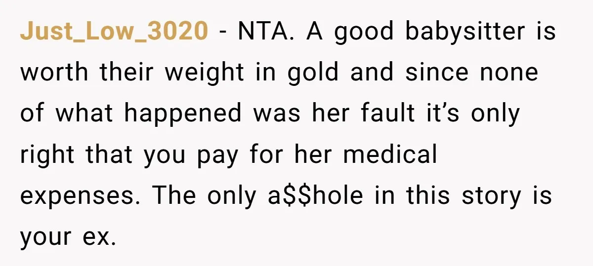 Just_Low_3020 − NTA. A good babysitter is worth their weight in gold and since none of what happened was her fault it’s only right that you pay for her medical...