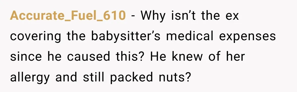 Accurate_Fuel_610 − Why isn’t the ex covering the babysitter’s medical expenses since he caused this? He knew of her allergy and still packed nuts?