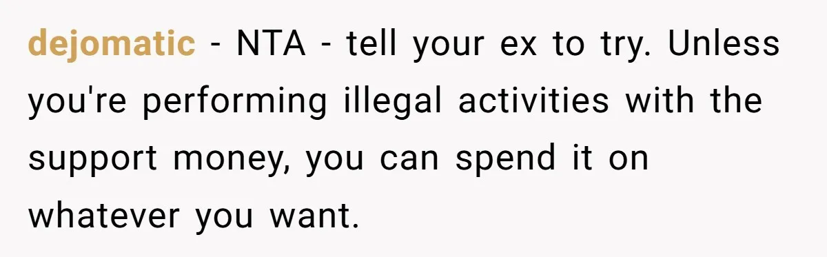 dejomatic − NTA - tell your ex to try. Unless you're performing illegal activities with the support money, you can spend it on whatever you want.