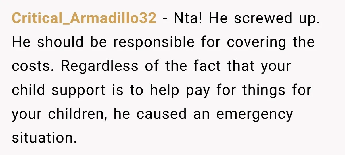 Critical_Armadillo32 − Nta! He screwed up. He should be responsible for covering the costs. Regardless of the fact that your child support is to help pay for things for your...