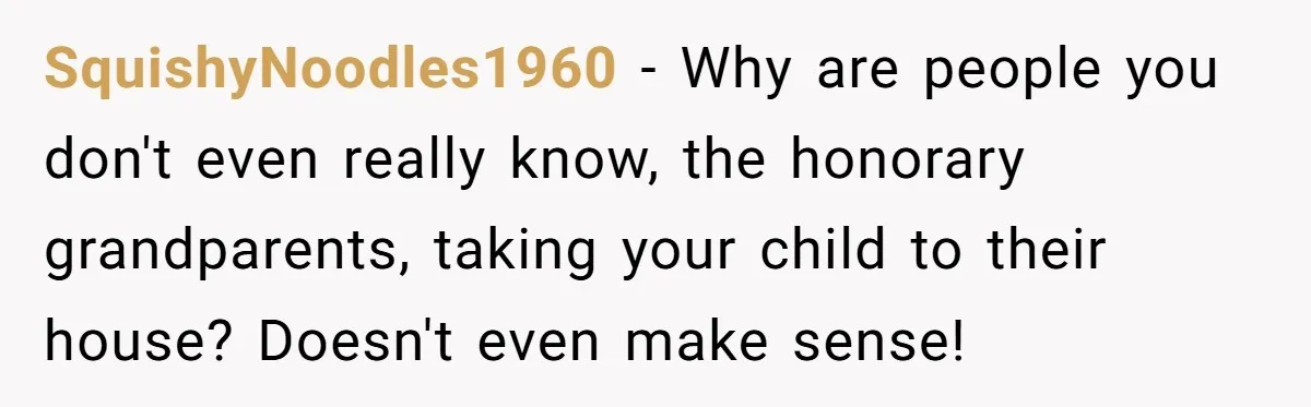 SquishyNoodles1960 − Why are people you don't even really know, the honorary grandparents, taking your child to their house? Doesn't even make sense!