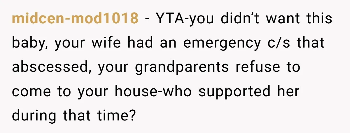 midcen-mod1018 − YTA-you didn’t want this baby, your wife had an emergency c/s that abscessed, your grandparents refuse to come to your house-who supported her during that time?