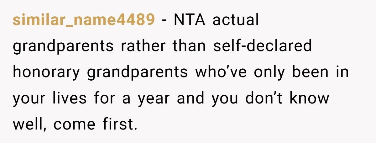 similar_name4489 − NTA actual grandparents rather than self-declared honorary grandparents who’ve only been in your lives for a year and you don’t know well, come first.