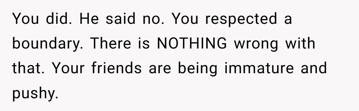 You did. He said no. You respected a boundary. There is NOTHING wrong with that. Your friends are being immature and pushy.