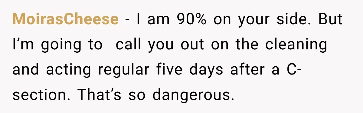 MoirasCheese − I am 90% on your side. But I’m going to  call you out on the cleaning and acting regular five days after a C-section. That’s so dangerous.