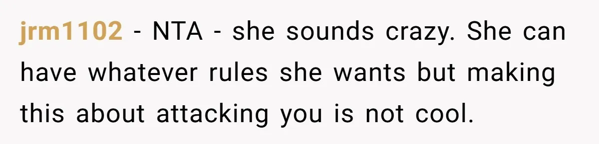 jrm1102 − NTA - she sounds crazy. She can have whatever rules she wants but making this about attacking you is not cool.