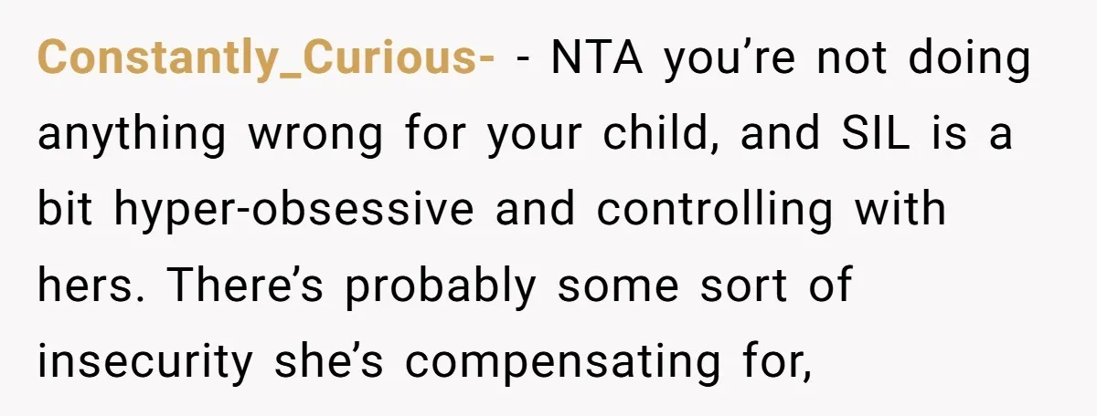 Constantly_Curious- − NTA you’re not doing anything wrong for your child, and SIL is a bit hyper-obsessive and controlling with hers. There’s probably some sort of insecurity she’s compensating for,