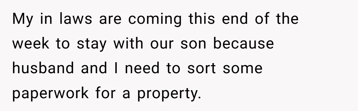 My in laws are coming this end of the week to stay with our son because husband and I need to sort some paperwork for a property.