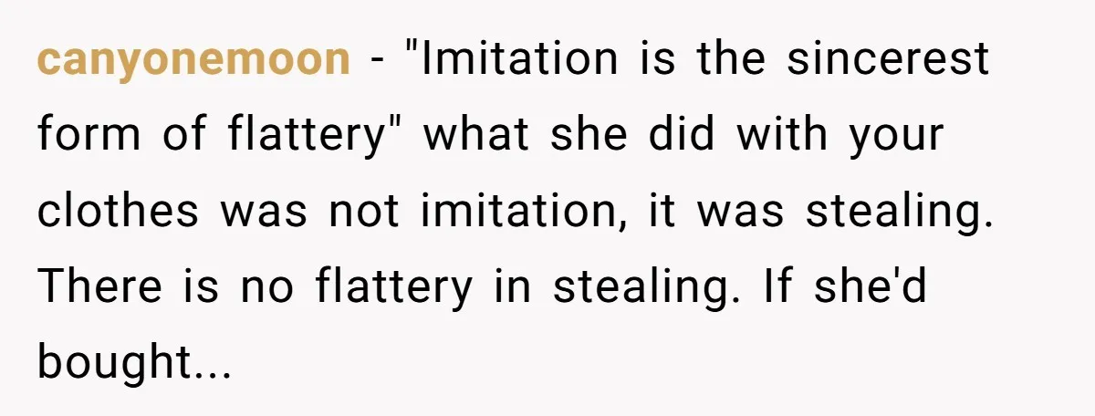canyonemoon − "Imitation is the sincerest form of flattery" what she did with your clothes was not imitation, it was stealing. There is no flattery in stealing. If she'd bought...