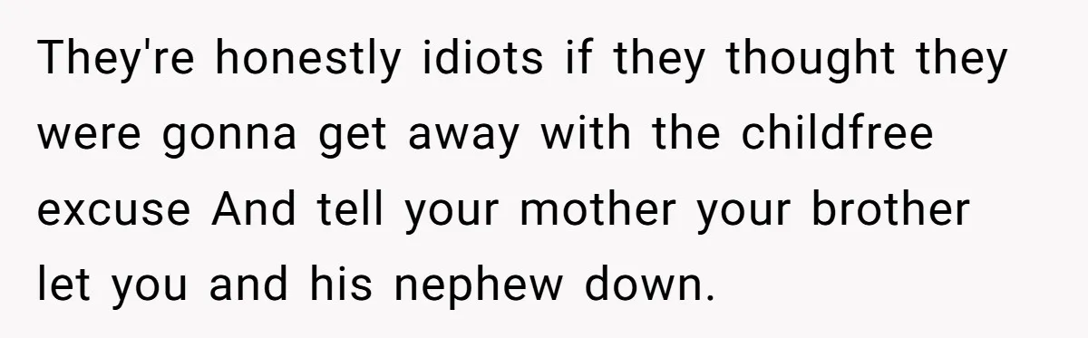They're honestly idiots if they thought they were gonna get away with the childfree excuse And tell your mother your brother let you and his nephew down.