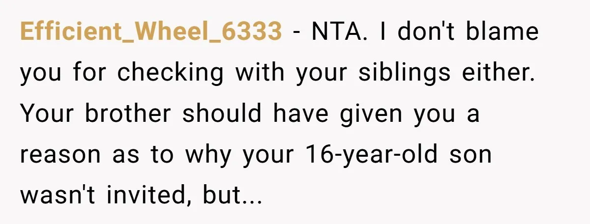 Efficient_Wheel_6333 − NTA. I don't blame you for checking with your siblings either. Your brother should have given you a reason as to why your 16-year-old son wasn't invited, but...