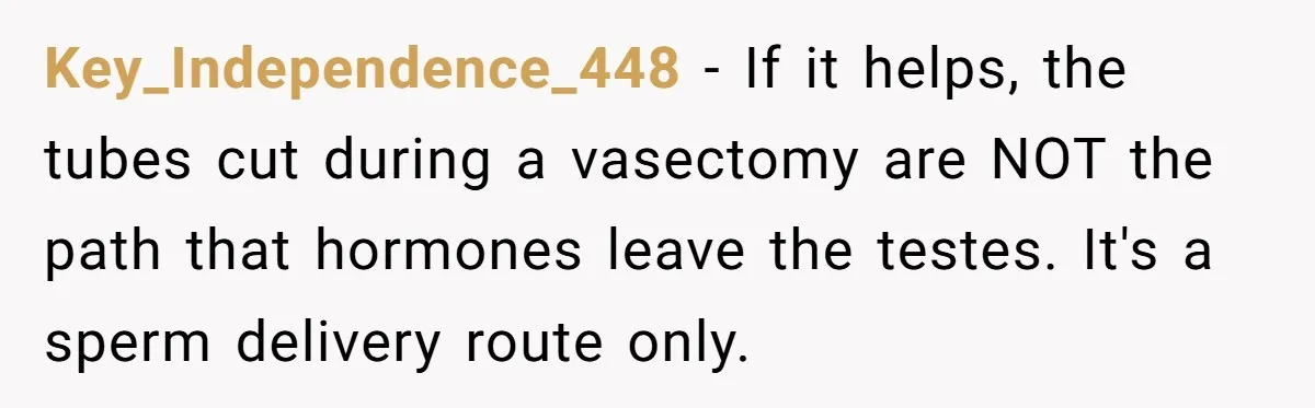 Key_Independence_448 − If it helps, the tubes cut during a vasectomy are NOT the path that hormones leave the testes. It's a sperm delivery route only.