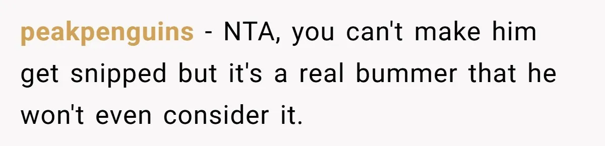 peakpenguins − NTA, you can't make him get snipped but it's a real bummer that he won't even consider it.