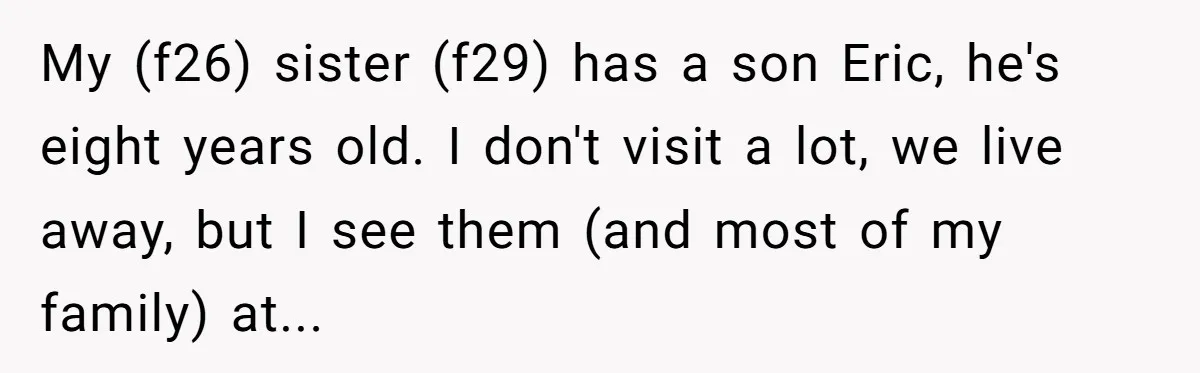 My (f26) sister (f29) has a son Eric, he's eight years old. I don't visit a lot, we live away, but I see them (and most of my family) at...