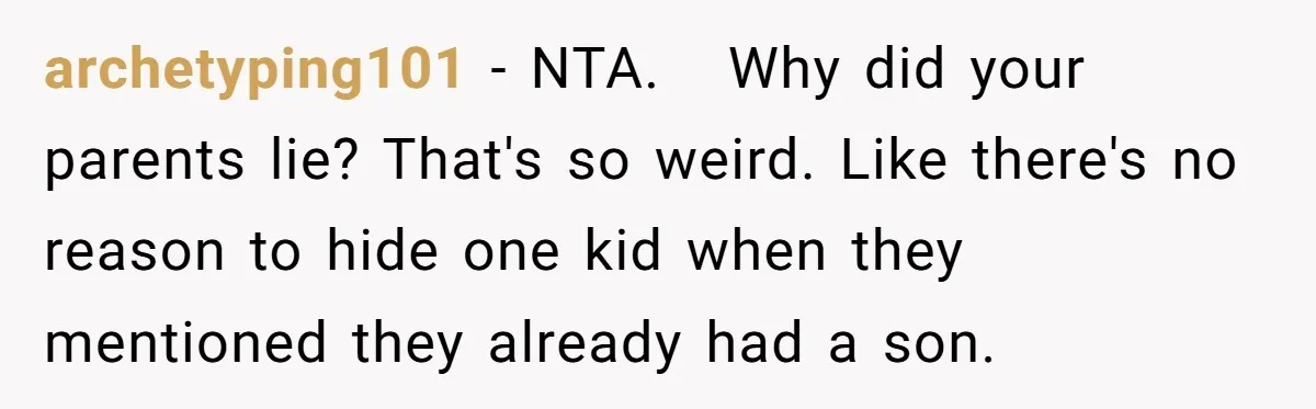 archetyping101 − NTA. Why did your parents lie? That's so weird. Like there's no reason to hide one kid when they mentioned they already had a son.