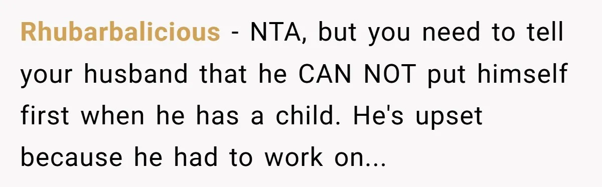 Rhubarbalicious − NTA, but you need to tell your husband that he CAN NOT put himself first when he has a child. He's upset because he had to work on...
