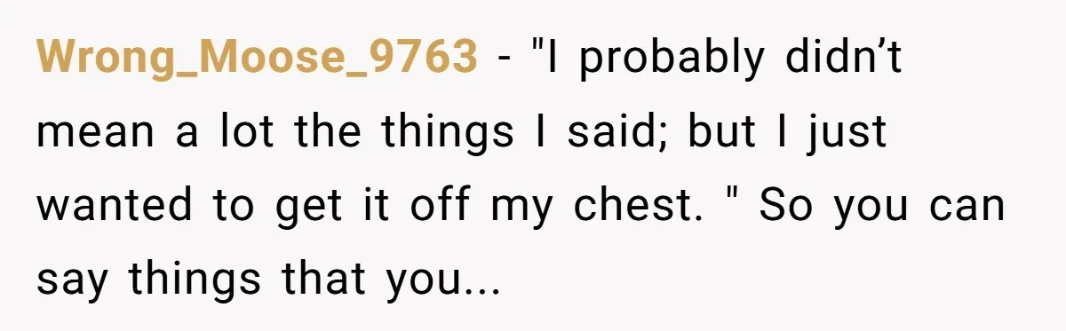 Wrong_Moose_9763 − "I probably didn’t mean a lot the things I said; but I just wanted to get it off my chest. " So you can say things that you...