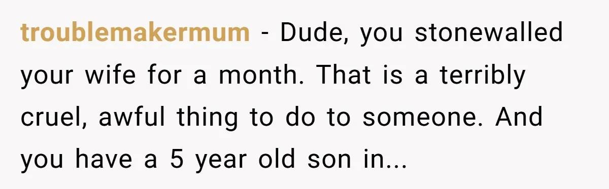 troublemakermum − Dude, you stonewalled your wife for a month. That is a terribly cruel, awful thing to do to someone. And you have a 5 year old son in...