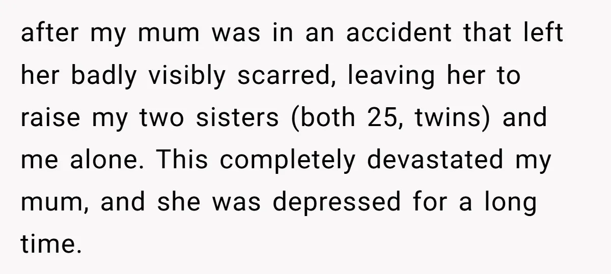 after my mum was in an accident that left her badly visibly scarred, leaving her to raise my two sisters (both 25, twins) and me alone. This completely devastated my...