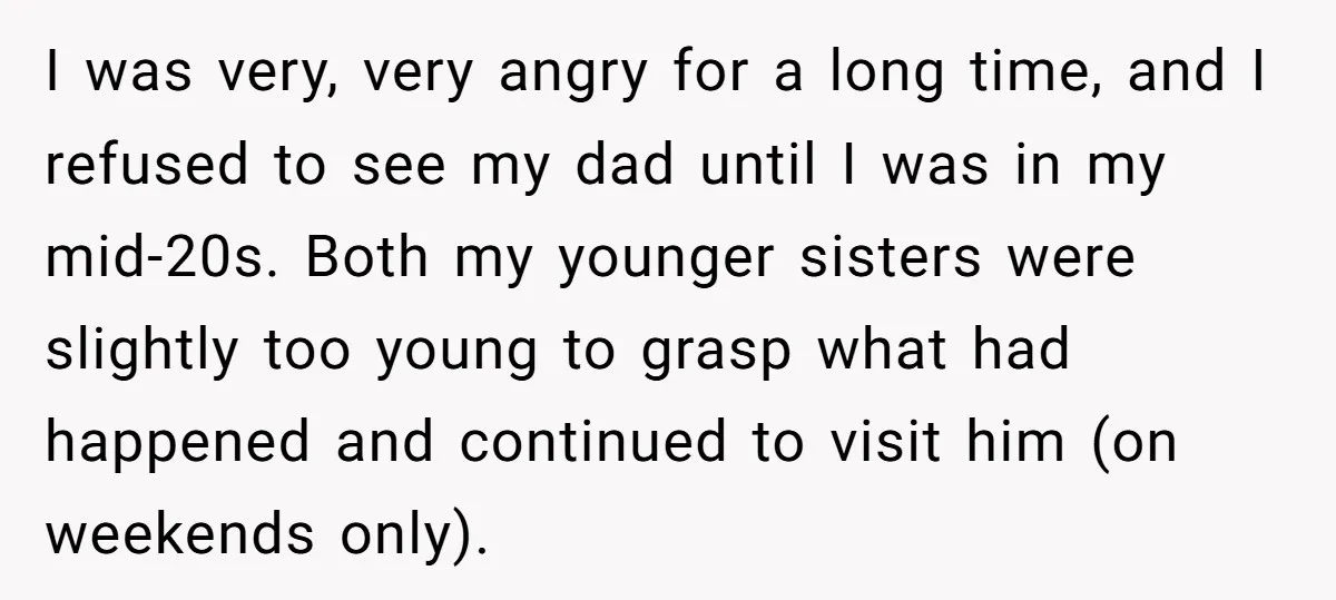 I was very, very angry for a long time, and I refused to see my dad until I was in my mid-20s. Both my younger sisters were slightly too young...