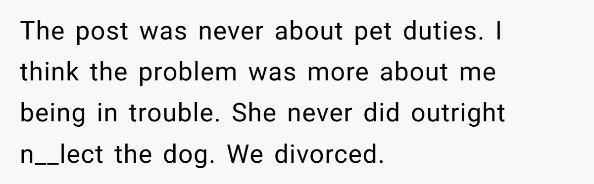 The post was never about pet duties. I think the problem was more about me being in trouble. She never did outright n__lect the dog. We divorced.