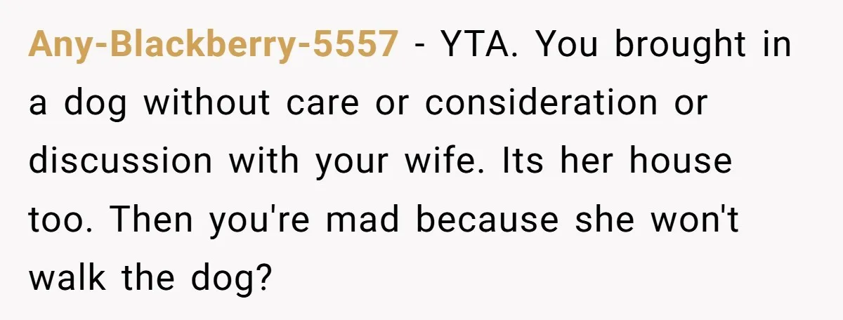 Any-Blackberry-5557 − YTA. You brought in a dog without care or consideration or discussion with your wife. Its her house too. Then you're mad because she won't walk the dog?