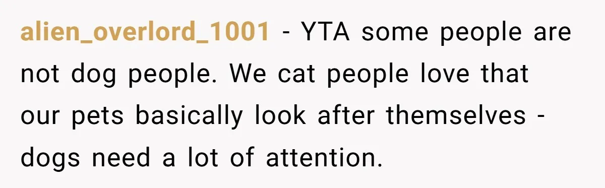 alien_overlord_1001 − YTA some people are not dog people. We cat people love that our pets basically look after themselves - dogs need a lot of attention.