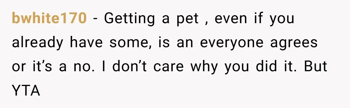 bwhite170 − Getting a pet , even if you already have some, is an everyone agrees or it’s a no. I don’t care why you did it. But YTA