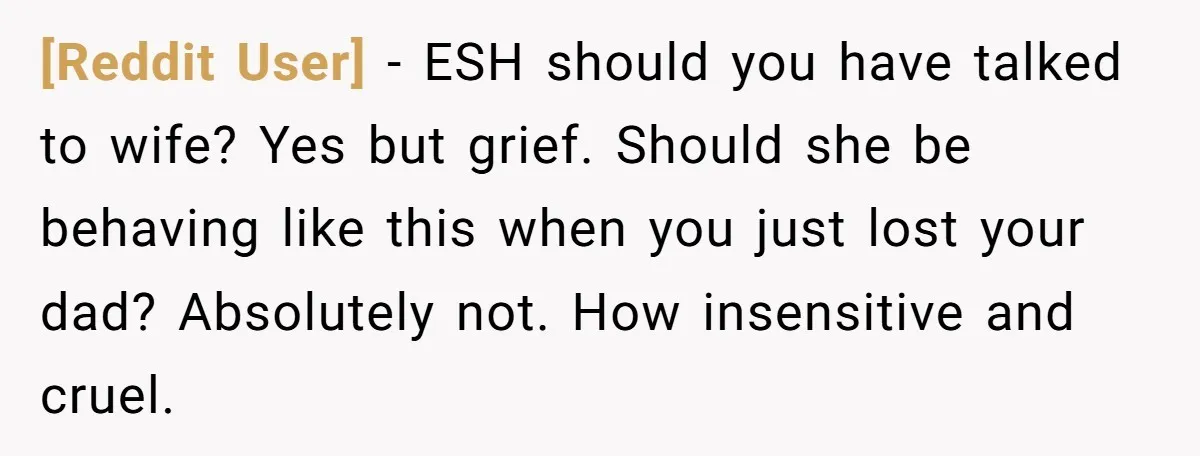 [Reddit User] − ESH should you have talked to wife? Yes but grief. Should she be behaving like this when you just lost your dad? Absolutely not. How insensitive and...