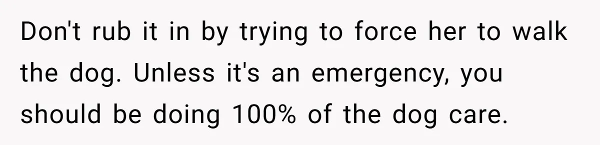 Don't rub it in by trying to force her to walk the dog. Unless it's an emergency, you should be doing 100% of the dog care.