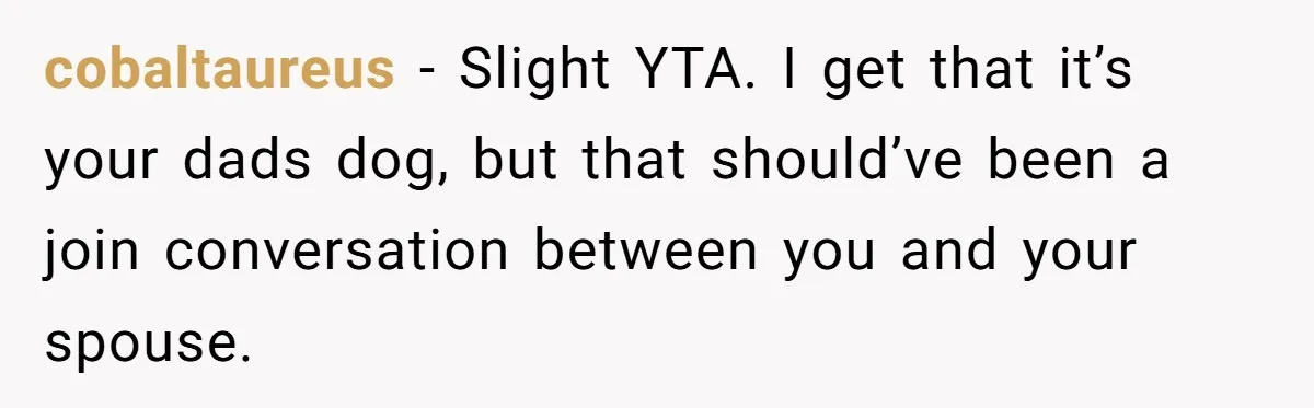 cobaltaureus − Slight YTA. I get that it’s your dads dog, but that should’ve been a join conversation between you and your spouse.