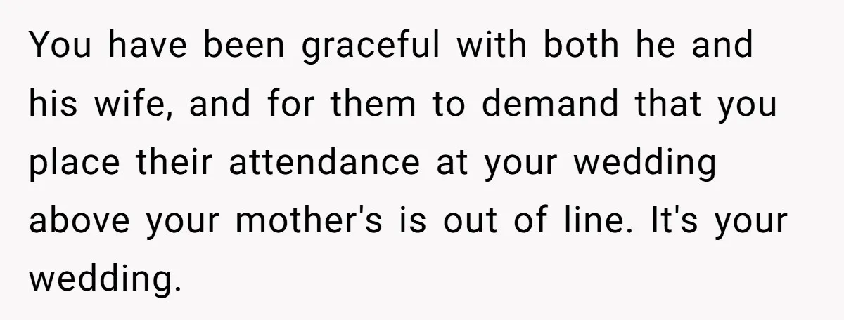 You have been graceful with both he and his wife, and for them to demand that you place their attendance at your wedding above your mother's is out of line....