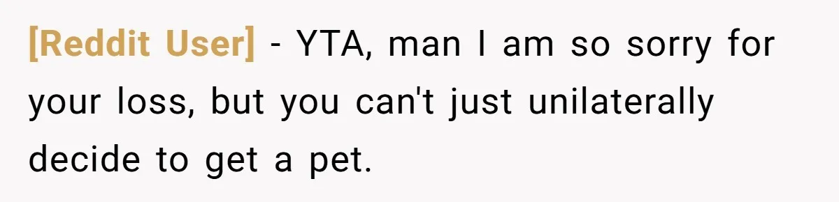 [Reddit User] − YTA, man I am so sorry for your loss, but you can't just unilaterally decide to get a pet.