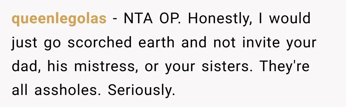 queenlegolas − NTA OP. Honestly, I would just go scorched earth and not invite your dad, his mistress, or your sisters. They're all assholes. Seriously.