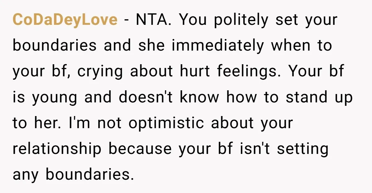 CoDaDeyLove − NTA. You politely set your boundaries and she immediately when to your bf, crying about hurt feelings. Your bf is young and doesn't know how to stand up...