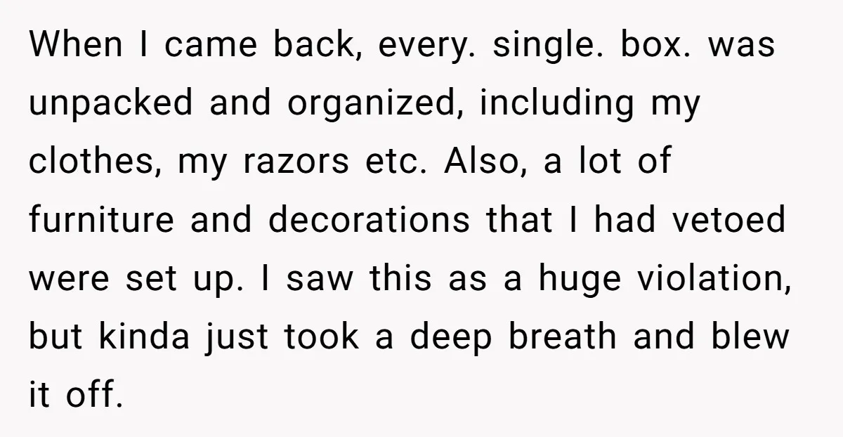 When I came back, every. single. box. was unpacked and organized, including my clothes, my razors etc. Also, a lot of furniture and decorations that I had vetoed were set...